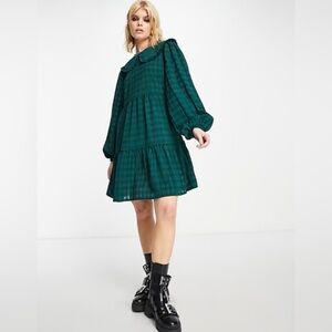 Violet Romance Green Plaid Collared Smock Tiered Mini Dress Size 8